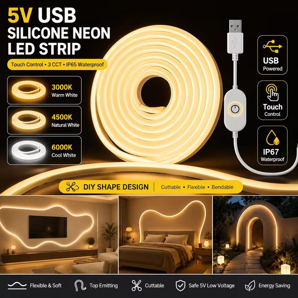 Lighting Bolt Decor - Silikon-USB-LED-Lichtstreifen, flexibel, biegbar, 3 Farbtemperaturen, Touch-dimmbare