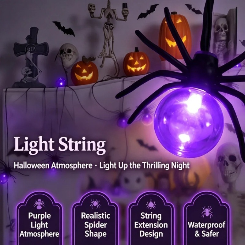 Lighting Decor Outdoor - Batteriebetriebene Spinnen-LED-Lichterkette, Halloween-Außendekoration für Garten und