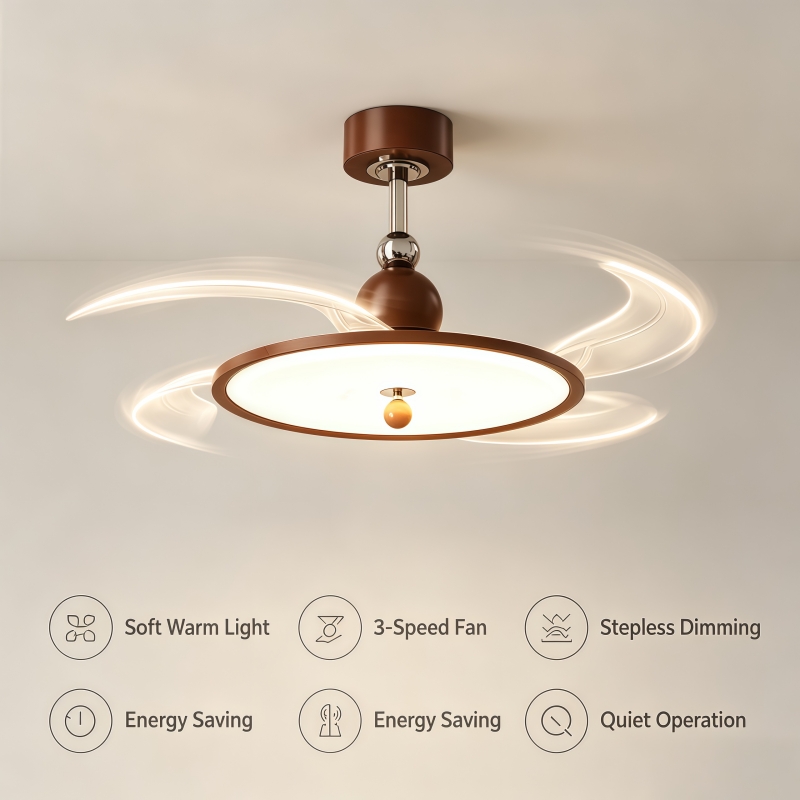 Lighting Decoration On Wall - Einziehbare Ventilatorblätter Deckenleuchte Walnussfarben Geräuscharmer LED-Ventilator-Kronleuchter
