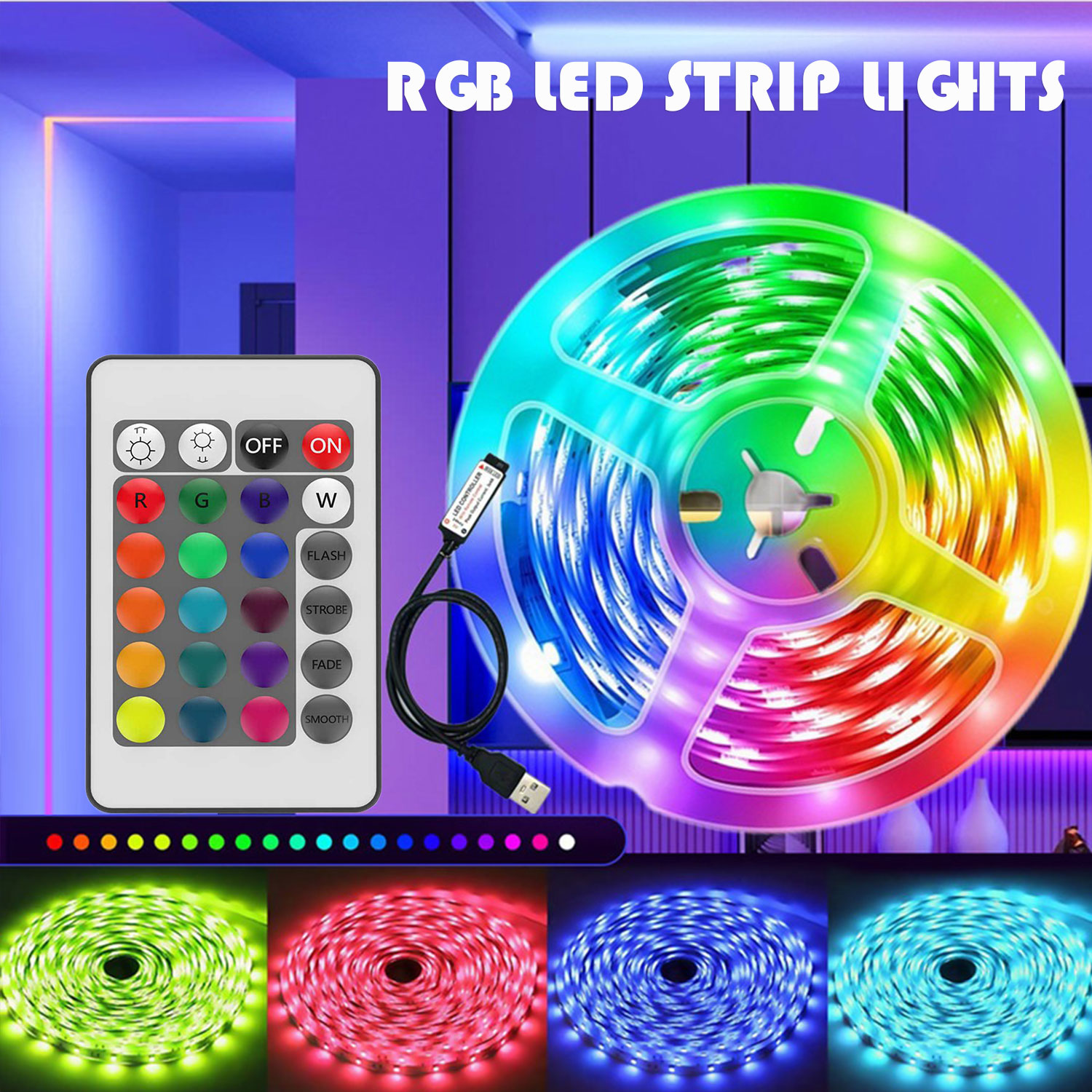 Colour Changing Bulb - 24-Tasten-Fernbedienung RGB LED-Lichtstreifen, USB-Betriebene Farbwechsel-Lampe für