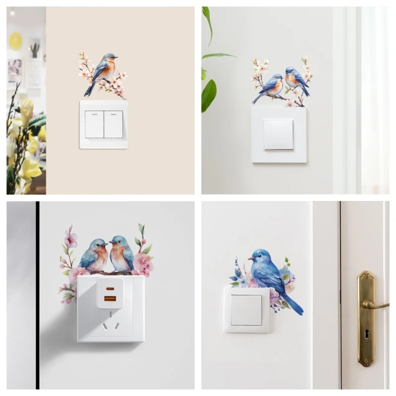Lighting Decoration On Wall - Aufkleber mit Vogel auf Kirschblütenzweig, Lichtschalter-Aufkleber,